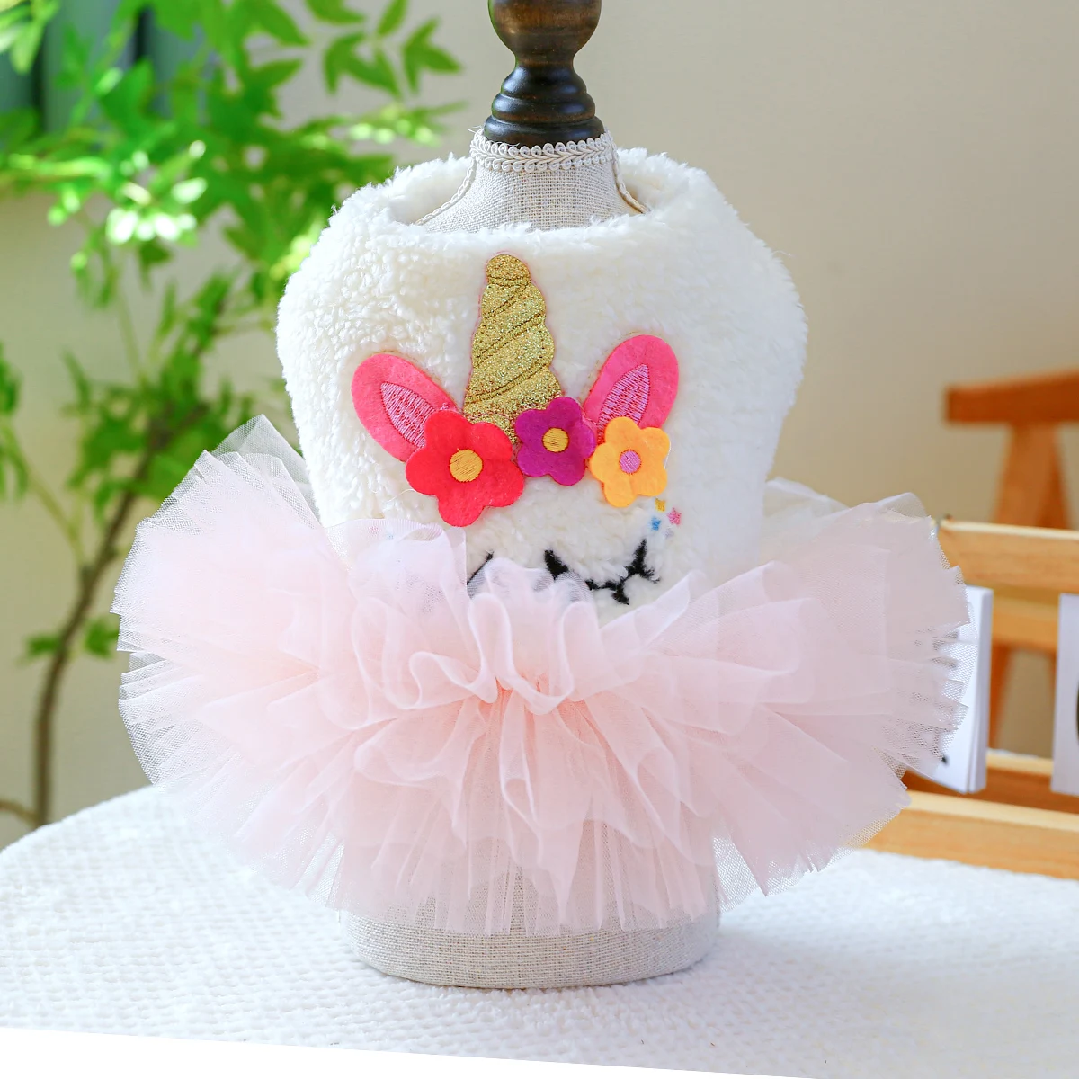 1PC Pet Apparel Dog Autumn/Winter Thickened  White Unicorn Princess   Yarn Dress With Drawstring Buckle For Small Medium Dogs