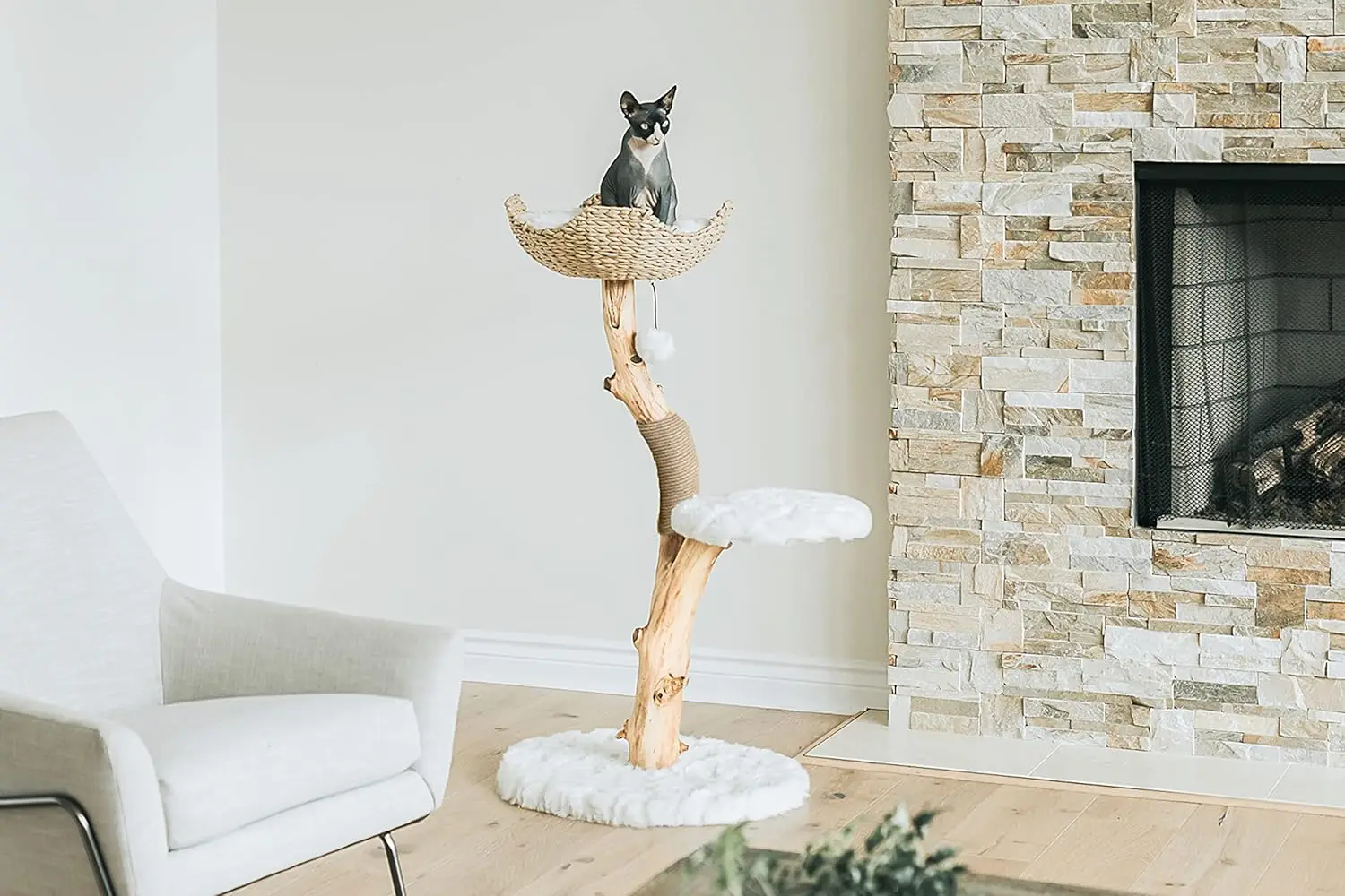 

Wooden Cat Climbing Tree Tower, Modern Single Branch Cat Condo, Wood, Cat Lover Furniture Gift (Alpine White)