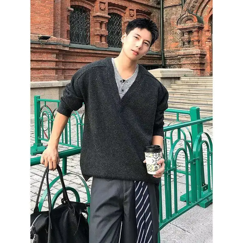 

Мужской вязаный кардиган American Sle с V-образным вырезом, повседневная верхняя одежда для зимы, с длинным рукавом, воротником и цветными вставками