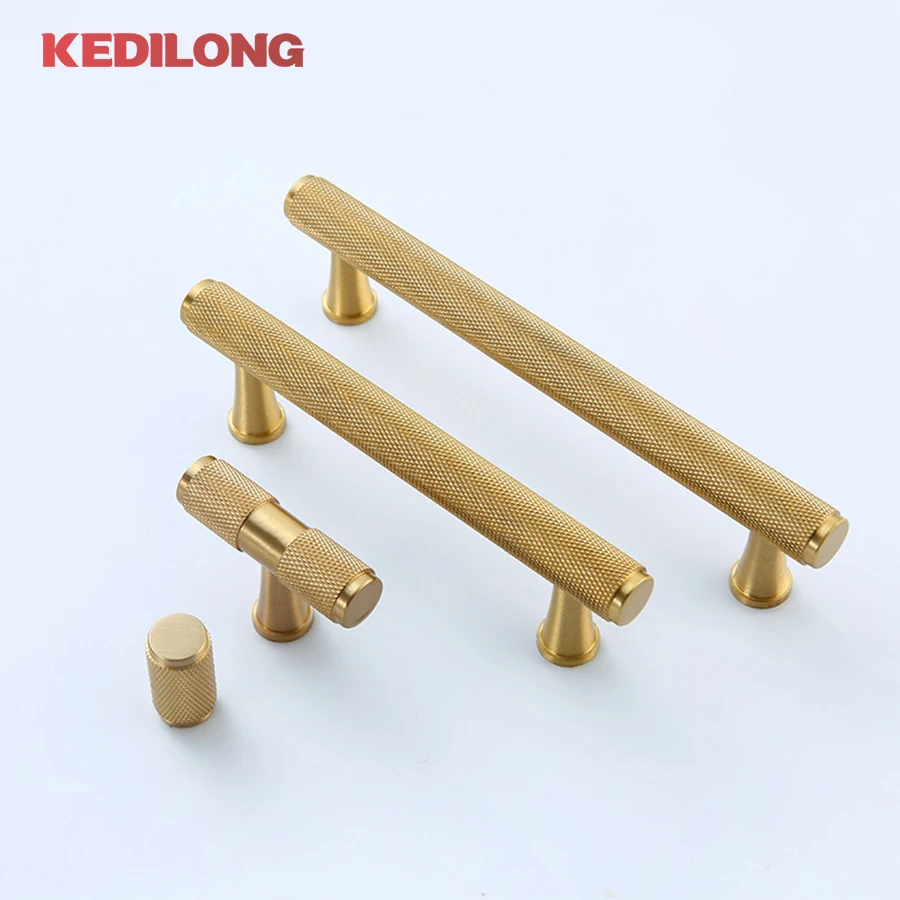 

KEDLO Solid brass knurled handle Simple European style cabinet Wardrobe door drawer T-shaped gold furniture knob