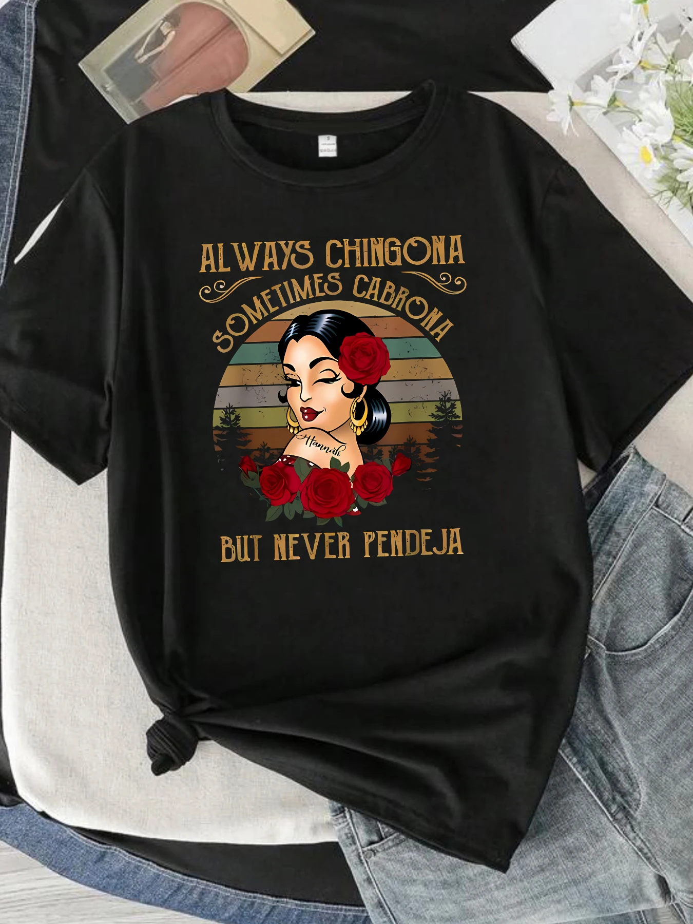 

ALWAYS CHINGONA letter pattern round neck plus size women T-shirt short sleeve trend printing elastic half sleeve T-shirt