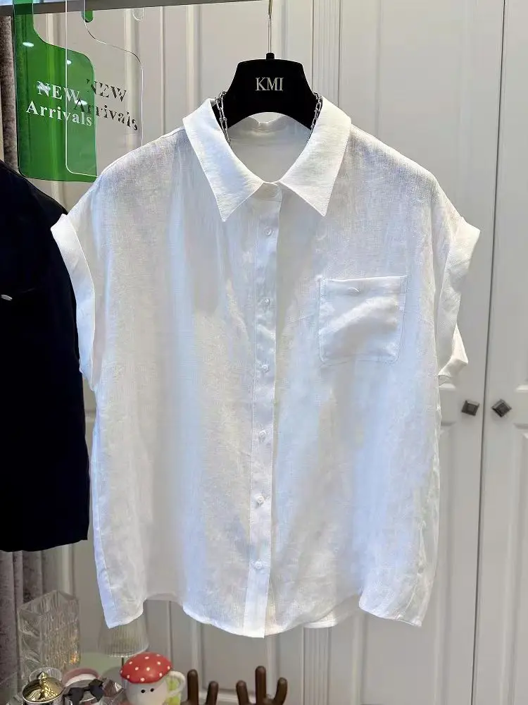 

Белая льняная рубашка с коротким рукавом и воротником, женская летняя тонкая элегантная блузка в корейском стиле, свободного кроя, однотонная