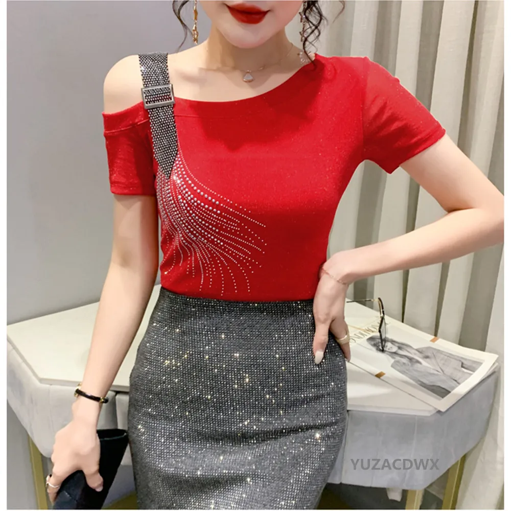 New 2024 Spring Long Sleeved Sexy Off The Shoulder Women's T-Shirt Elegant Slim Hot Drilling Mesh Tops autumn y2k clothes