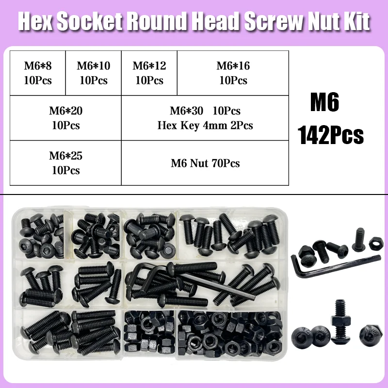 Sechs kant schraube und Muttern satz m2 m3 m4 m5 m6 schwarz 10,9 Grad Knopf kopf Innen sechs kant schraube Sechs kant buchse Rundkopf Inbus schraube – Detail 9