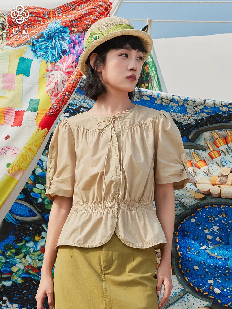 

Летний топ из смесового хлопка с вышивкой и плиссировкой, приталенный, простой дизайн, для женщин, для повседневной носки