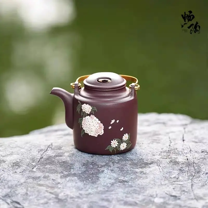 [Changtao]Yixing Teapot, Fully Handmade Pottery, Tea Brewing Pot, Home Collection, Purple Clay Mud Painting, Barrel Shape, 340Cc