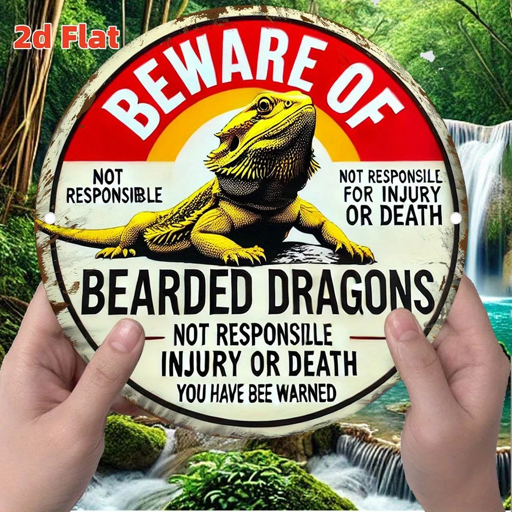 2D Metal Sign Beware of Bearded Dragons Funny Reptile Pet Lizard Warning Vintage Retro Tin Wall Art for Home Bar Decor