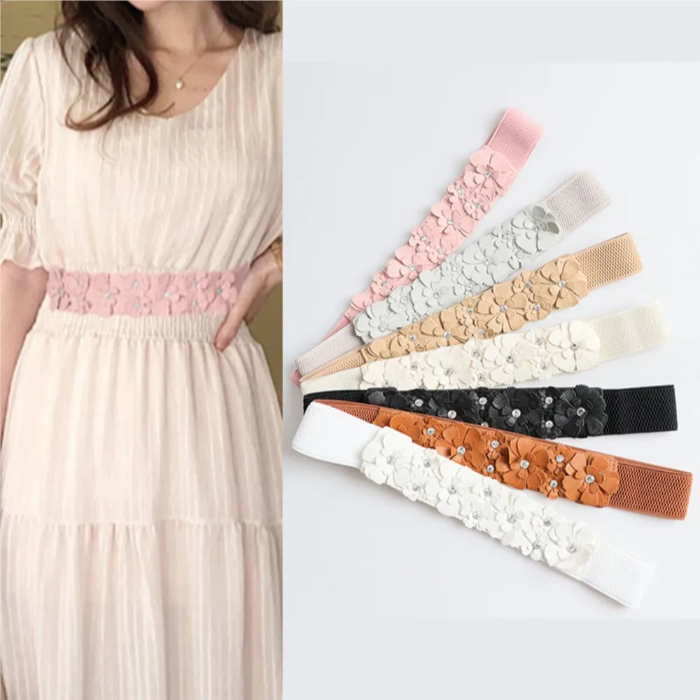 Women Belt Lady Fashion Flower Elastic Stretch Waist Belt Wide Elasticated Waistbands Girls Exquisite Stretchy Dress Accessories