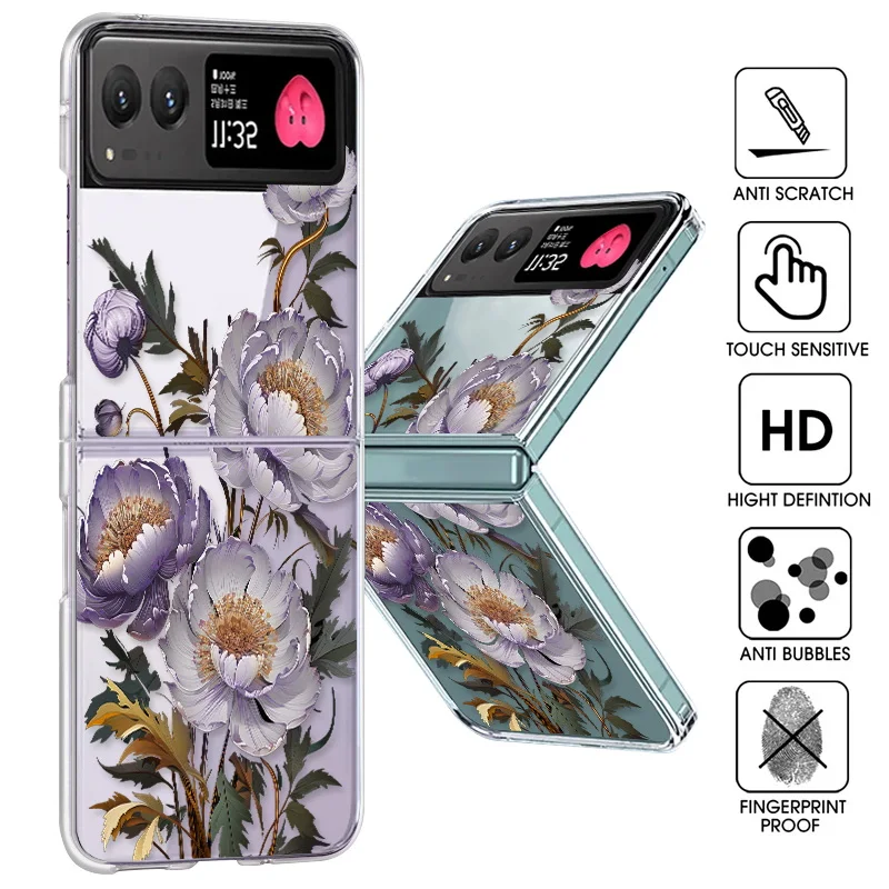 Flower Pattern Clear Phone Case For Motorola Razr 40 50 Ultra Razr40 Razr50 Shockproof Folding Hard PC Transparent Back Cover