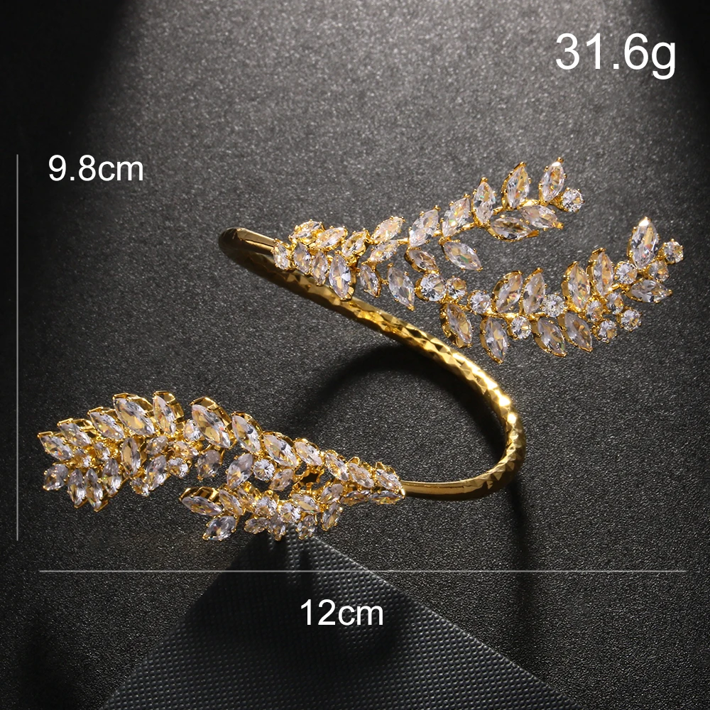 2024 Exquisite Zirconia Leaves Cuff Bracelet Bangle Bridal Hand Jewelry Gorgeous Female Indian Wedding Open Bangle Chain Gift