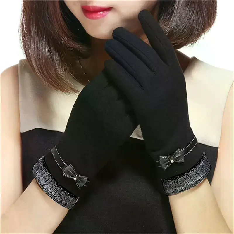 

New Fashion Grace Lady Gloves Women Winter Vintage Bow-Knot Touch Screen Driving Warm Windproof Glove Mittens Wholesale