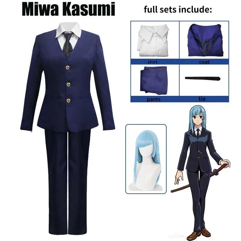 

Anime Jujutsu Kaisen Miwa Kasumi Cosplay Costume Suit Blue Wig Shirt Pants Halloween Christmas Party Uniform Outfit Girls Women