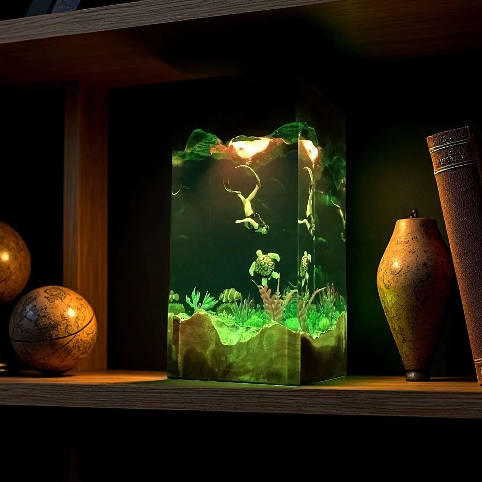 ภูมิทัศน์ออร์แกนิสเรซิ่นตาราง Creative Art ตกแต่งโคมไฟ DIVER Sea World Treasure Hunt Theme Night Light ชาร์จ USB