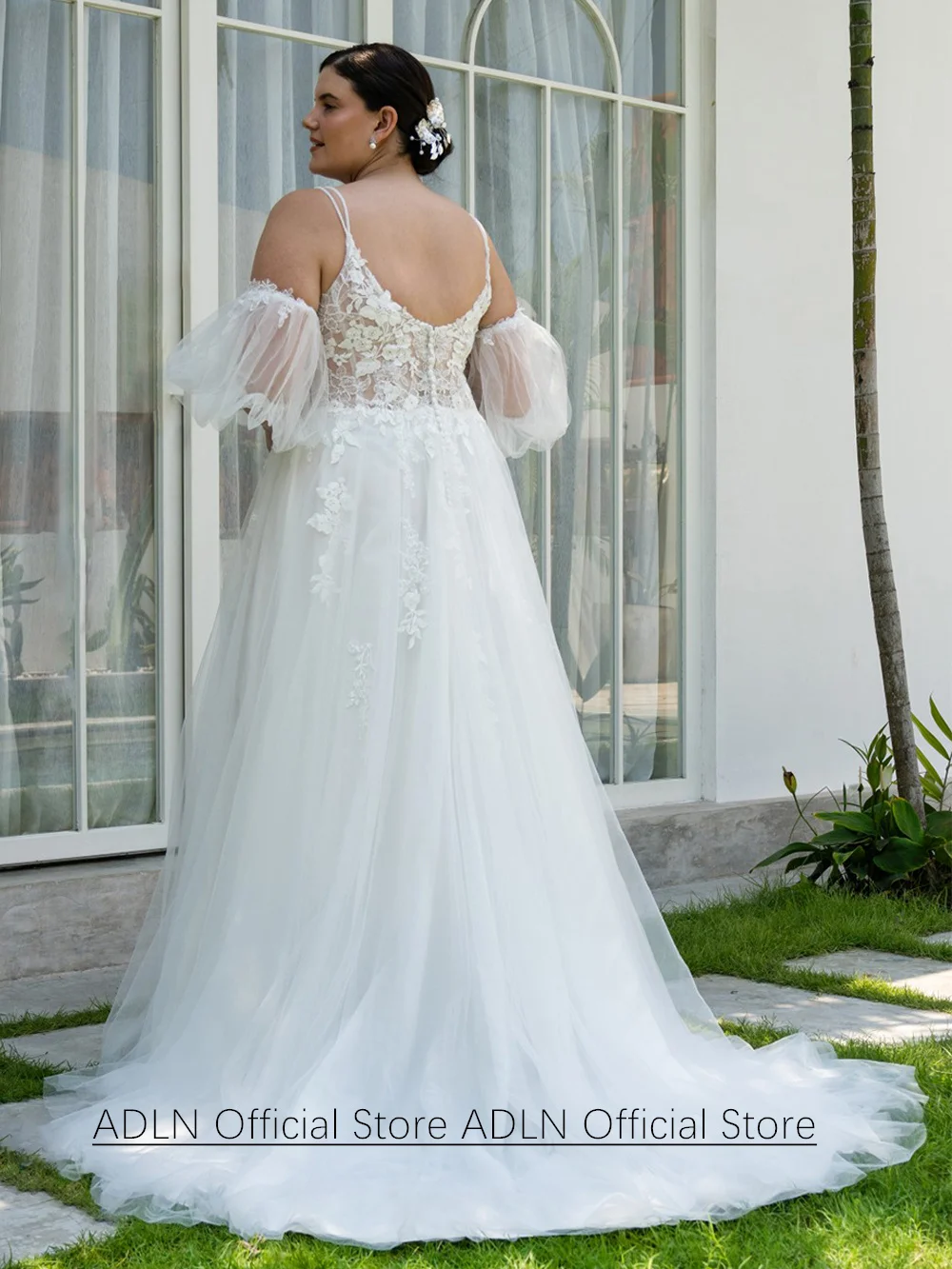 Romantic Wedding Dress Plus Size Customized Detachable Off Shoulder V Neck Sweep Train Back Zipper Bridal Gown for Bride