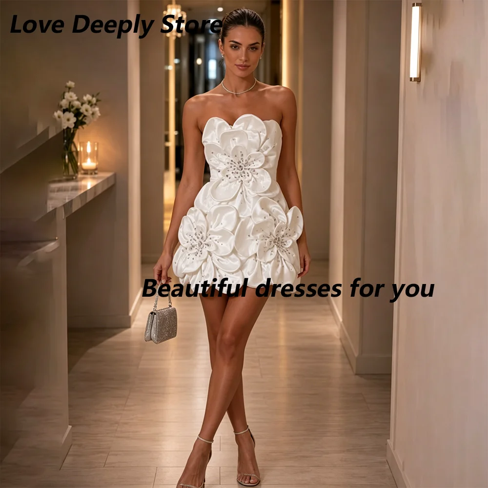 

Sexy Strapless Mini Prom Dress Luxury Crystal Flowers A Line Short Birthday Party Gowns for Women 2026 Sleeveless Cocktail Dress