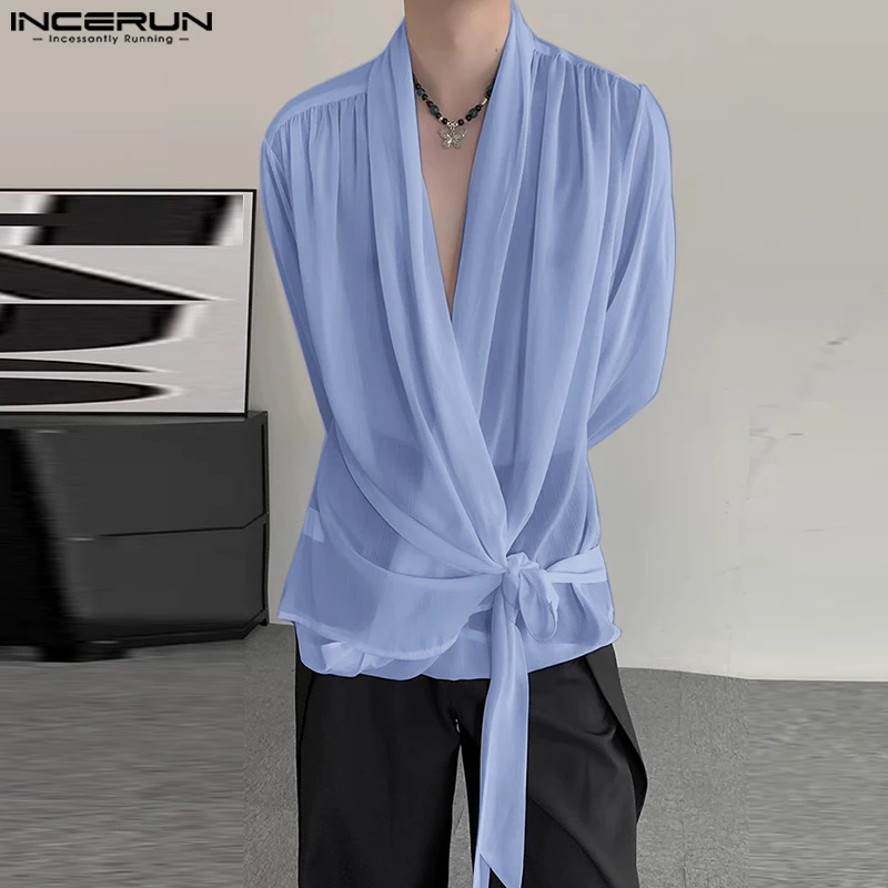 INCERUN Men Shirt Solid V Neck Long Sleeve Lace Up Pleated Chiffon Casual Men Clothing Loose Streetwear 2024 Fashion Male Shirts