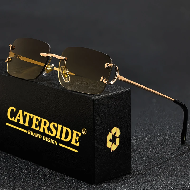 Caterside retangular óculos de sol masculino sem aro branco cobre pequeno quadrado óculos de sol para mulher lente gradiente ao ar livre uv400