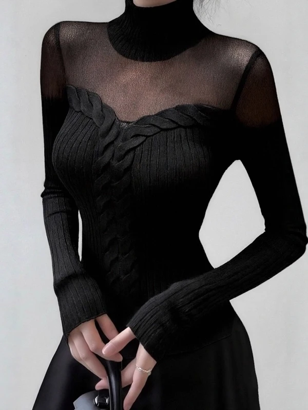 

Black High Collar Mesh Splice Knitted Base Shirt Women's Inner Wear Short Style Fitted Top Korean Version Commute Style
