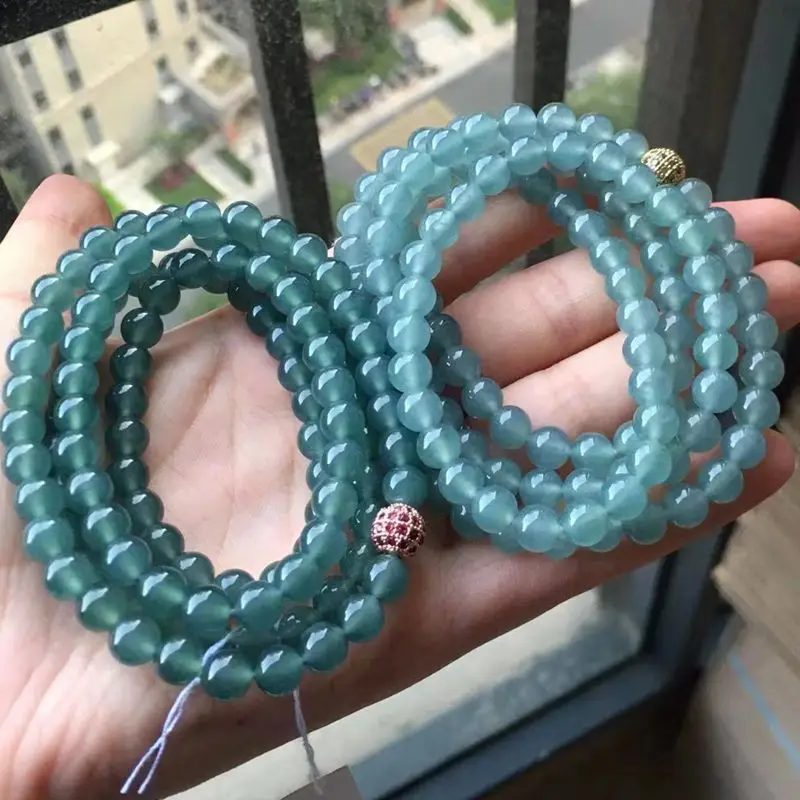 Natural a Cargo Jade Ice-like Blue Water Three Rings round Beads Bracelet Jewelry Pendant Necklace for Men and