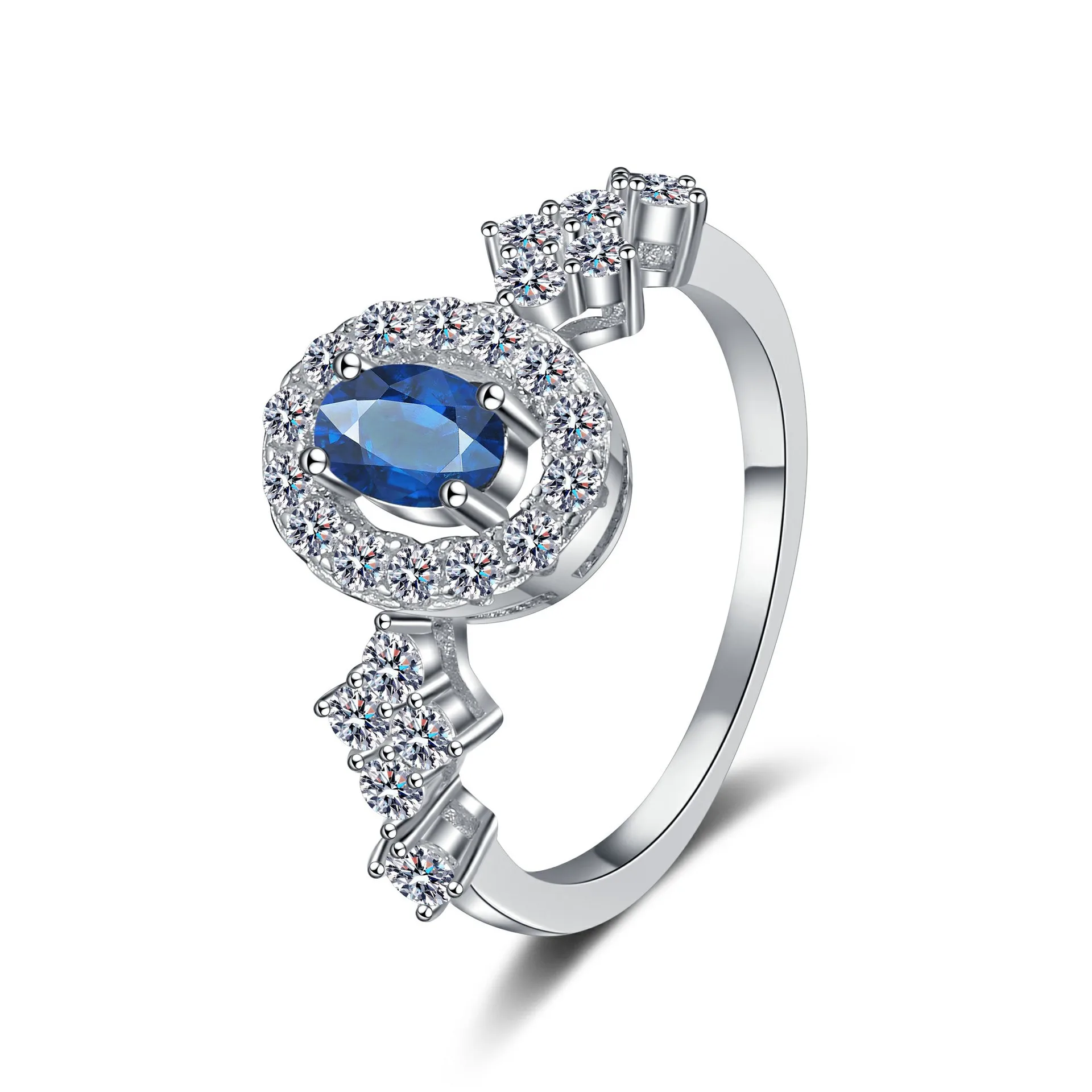Anillo de bisel ovalado azul real de 0.5 quilates para mujer, de moissanita y platino PT950, que favorece las manos, delicado y suave.