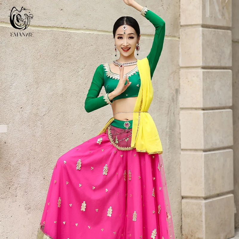 

New Yiman Exotic Indian Dance Dress Ethnic Style Female Belly Dance Scarf Top Large Swing Skirt Lengha Set