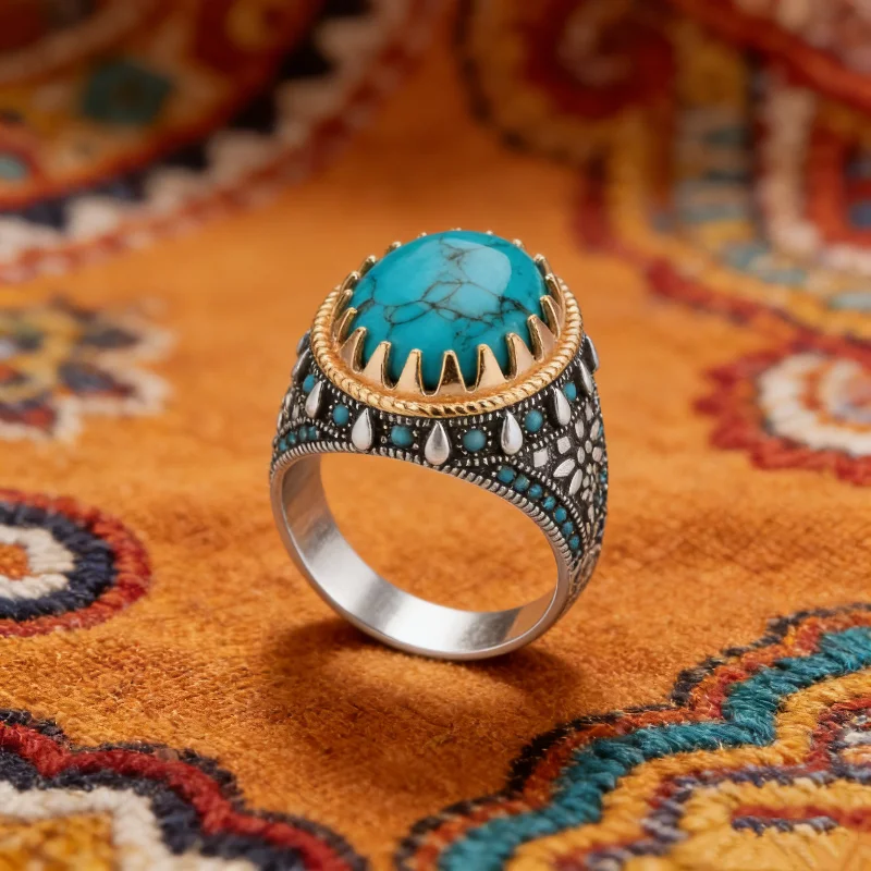 European and American Punk New Retro Men\'s Electroplating Two-color Inlaid Turquoise Ring Punk Style Personality Banquet Ring