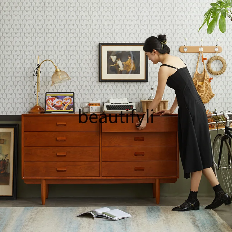 

Nordic Japanese Style Solid Wood Cherry Wood Bedroom Drawer Storage Chest Black Walnut Simple Storage Cabinet Oak