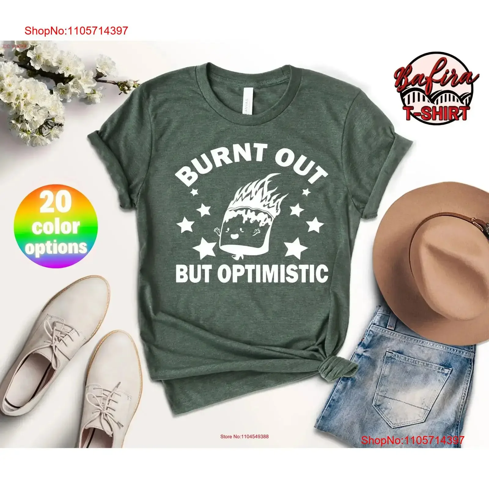 T-shirt « Burn Out But Optimistic » avec citation humoristique « Marshmallow Burning », style rétro, citation optimiste, vintage, délavé, confortable