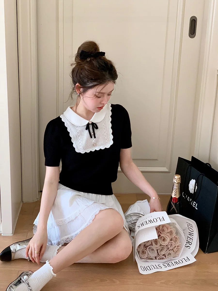 

Sweet Style Knitted Short Sleeve T-Shirt Women's Doll Collar Knot Top Anti-Aging Tee Fitted Length Regular Style