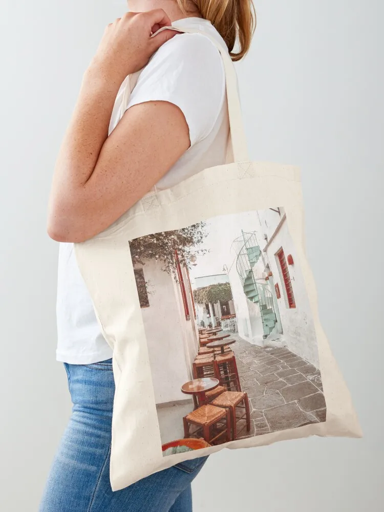 Sifnos Island Street view in Greece with Traditional Bars and Houses Tote Bag tote bags aesthetic Fabric bag Canvas Tote Bag