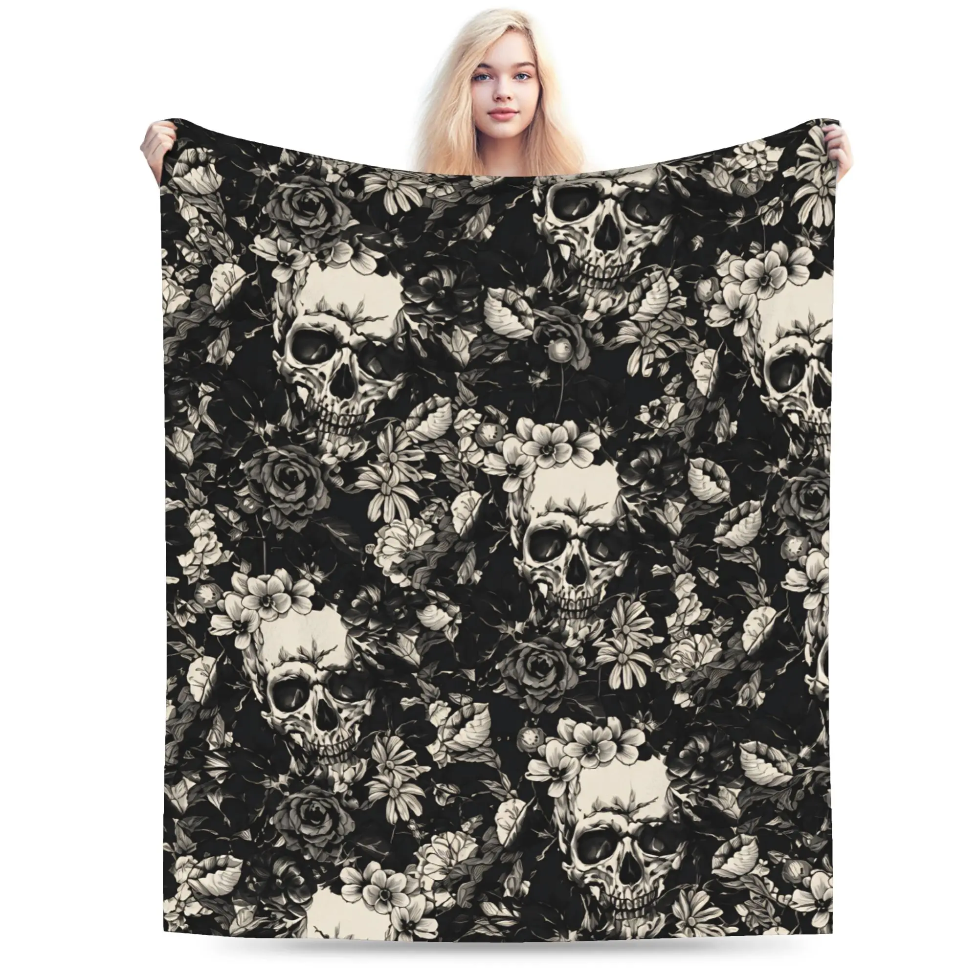 Halloween Skulls And Flowers Gothic Goth Blanket Super Cozy  Throw Blankets for Couch 50x60 Inch Multiple Sizes Plush Thin Quilt