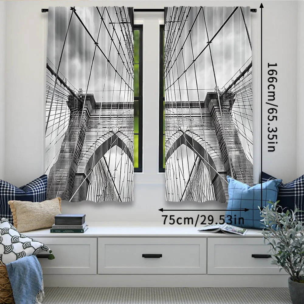 2Pcs Landscape Curtain Usa New York Brooklyn Bridge Cityscape Scenery Suitable For Bedroom Bathroom Living Room Dining Room