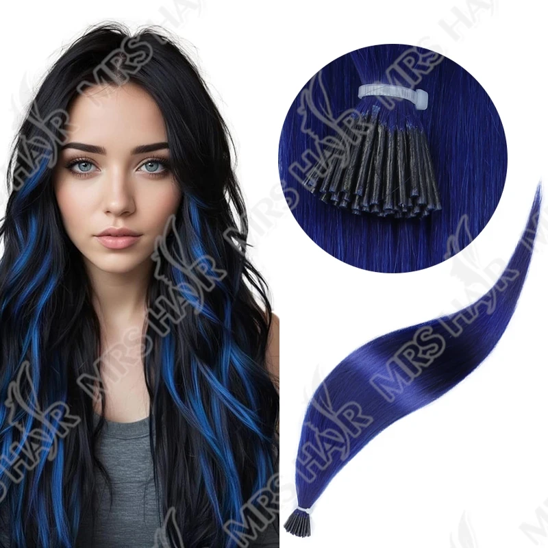 ブルーカラー I チップストレート人毛エクステンションケラチンヘアホットプレボンドマイクロビーズヘア女性用 12-20 インチ 50 個/パック