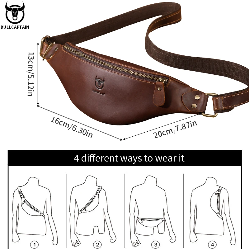 BULLCAPTAIN Men\'s Crazy Horse Leather Belt Bag Classic Retro Crossbody Bag Outdoor Storage Mountaineering Mobile Phone Bag