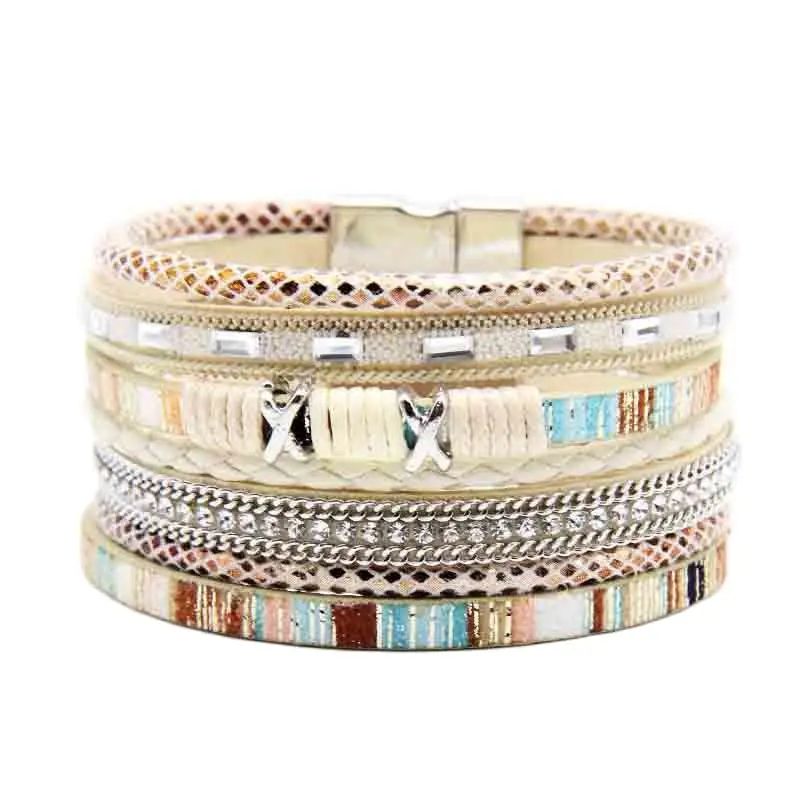 ALLYES Bohemian Multilayer Braided Leather Bracelet for Women Vintage Crystal Chain Snake Pattern Cuff Bracelets Ethnic Jewelry