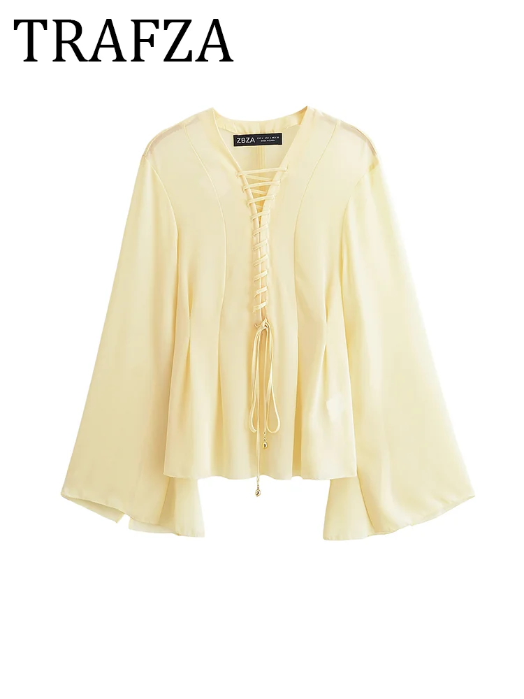 

TRAFZA Women Chiffon Lace Up Blouse 2025 Summer V Neck Long Sleeve Sexy Shirt Elegant Yellow Semi-Sheer Lady Casual Loose Shirt
