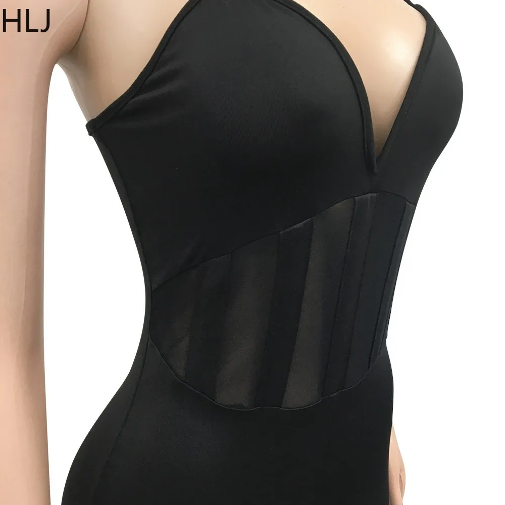 HLJ Sexy Hollow Out Bodycon Rompers Women Deep V Strap Sleeveless Skinny Shorts One Piece Jumpsuits Fashion Nightclub Overalls