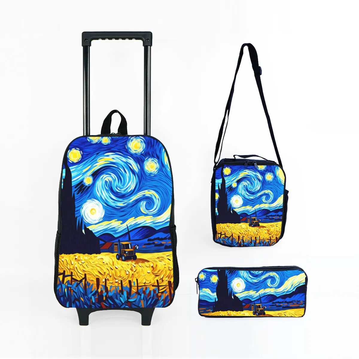 

Golden Fields Starry Sky Wheeled Rolling Bag Set with Lunch Box Pen Bag with Wheels School Trolley Backpack Bag for Girl/Boys