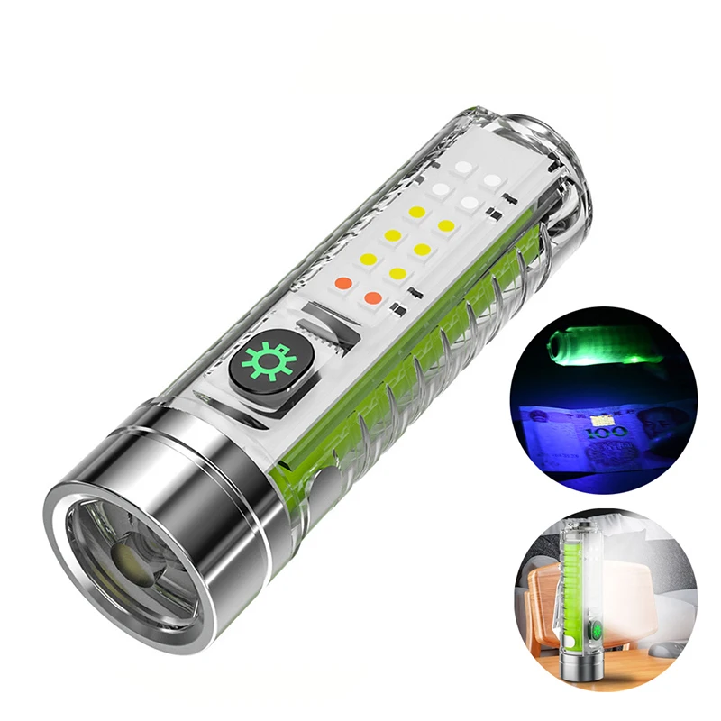 USB C Rechargeable Mini Pocket LED Keychain EDC Flashlight Super Bright UV Light Magnets Work Torch Self Defense Camping Lantern