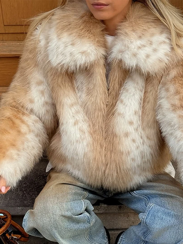 LIMO Women Lapel Deer Print Faux Fur Cropped Jacket Zip Up Long Sleeve Fluffy Furry Outerwear