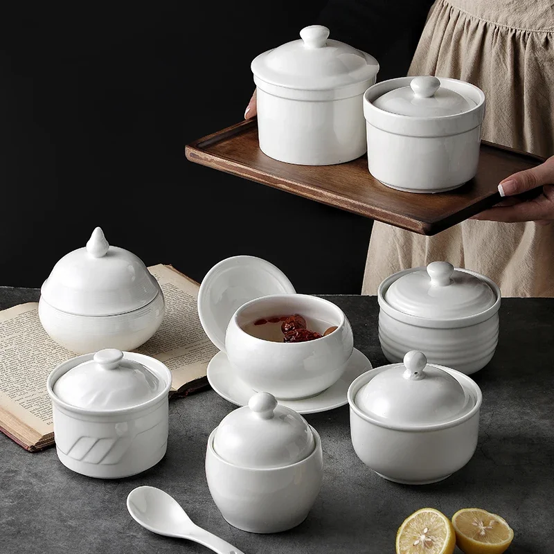 White, Ceramic with Lid, Steamed Egg Bowl, Soup Bowl, Rice Bowl, Dessert Bowl, Hotel, Restaurant Bird\'s Nest Small Cup, Separate