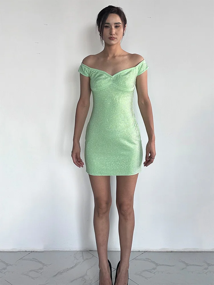 Vestido espartilho feminino com strass embelezado, vestido bodycon formal em verde salvia, mini vestido curto, vestido de festa, 2022