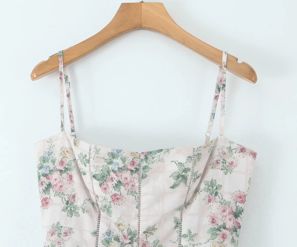 ヴィンテージ自由奔放に生きる花柄プリントマキシドレスベージュフリルボディコンストラップ背中の開いた女性のドレスセクシーな職業女性 Vestidos 新しい