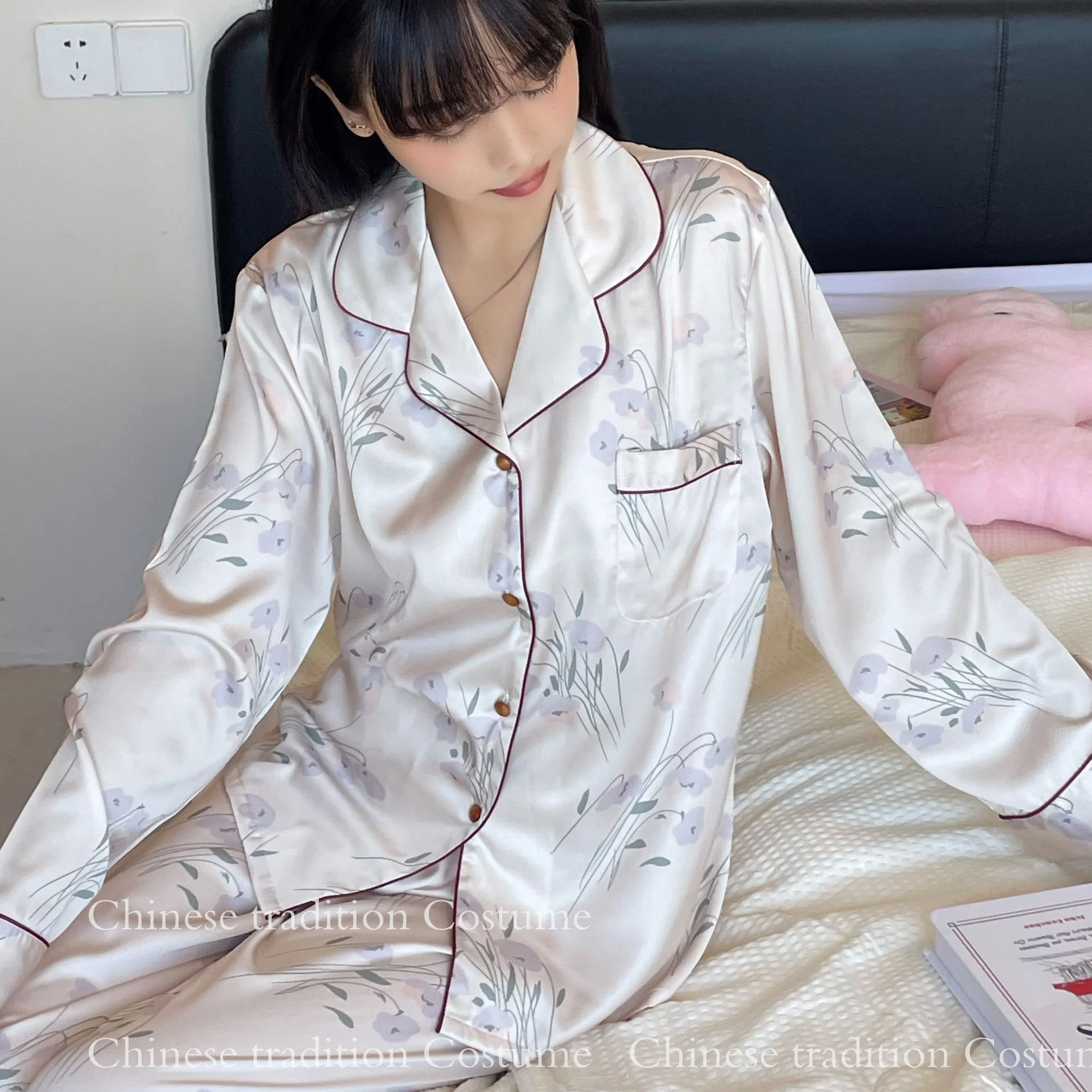 Spring Autumn Pajamas Set Women\'s Long Sleeve 2Pcs Pajamas Set Sexy Flower Print Nightwear Lapel Sleepwear Luxury Loungewear