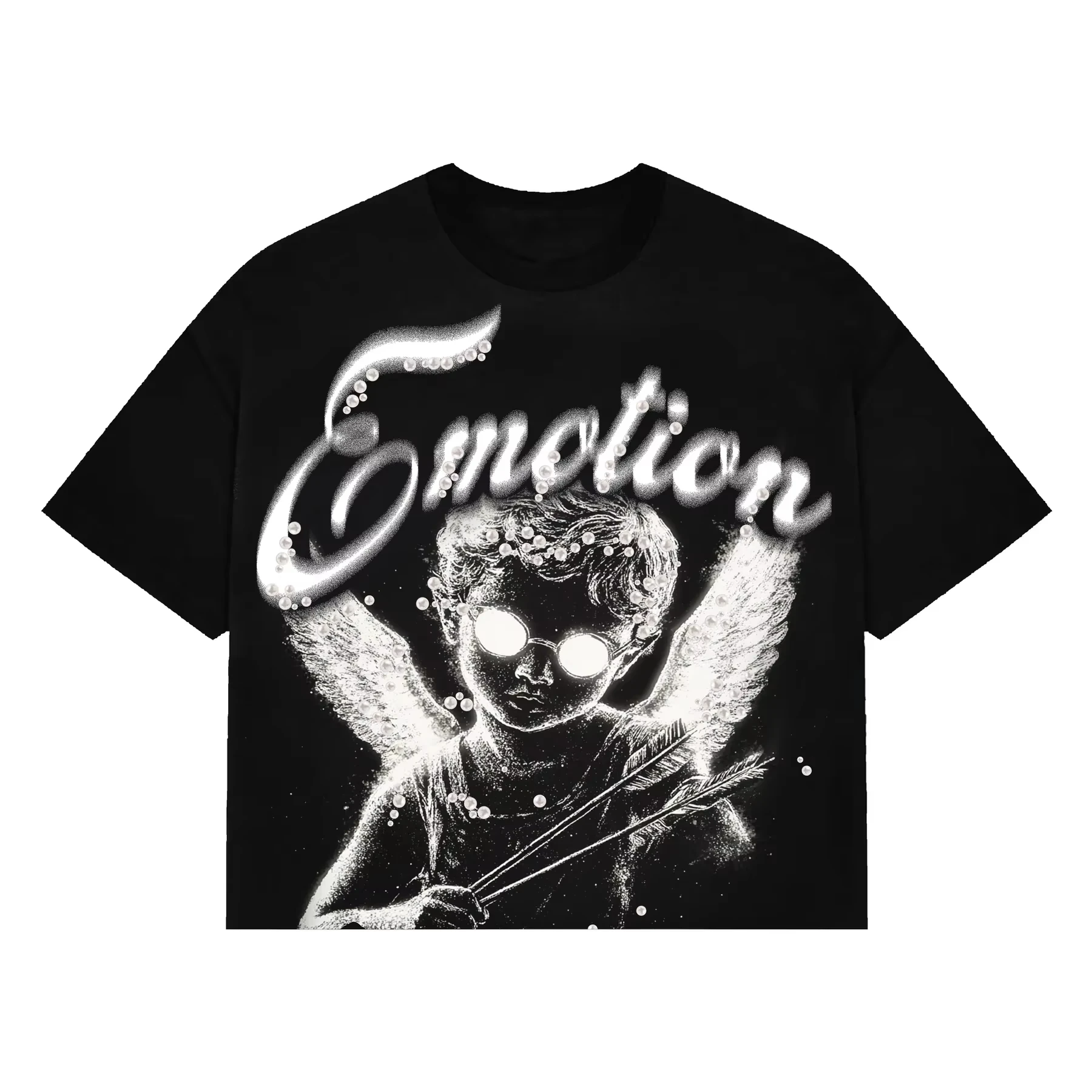 MIXED EMOTION Strass-Kurzarm-T-Shirt für Herren, Schwarz, Streetwear, Baumwolle, Lockerer Rundhals-Oberteil, Oversized Unisex-T-Shirt – Detail 5