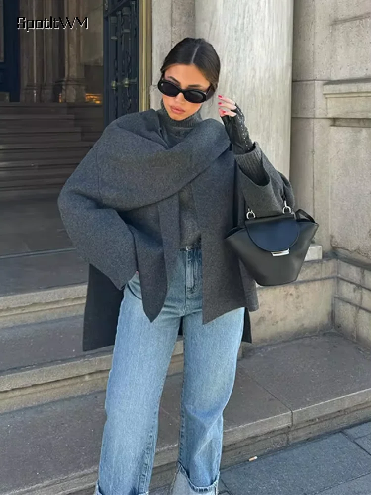 Slanted Shoulder Scarf Collar Woolen Jacket Long Sleeves Front Opening Soft Warm Coat Women Autumn Winter Lady Street Overcoat