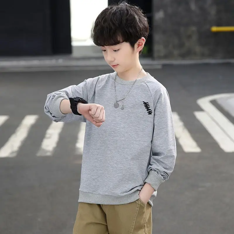 

2023 New Kids Clothes Boys T-shirt Crew Neck Long Sleeve Spring Autumn Casual Solid Color Letter All-match Pullovers