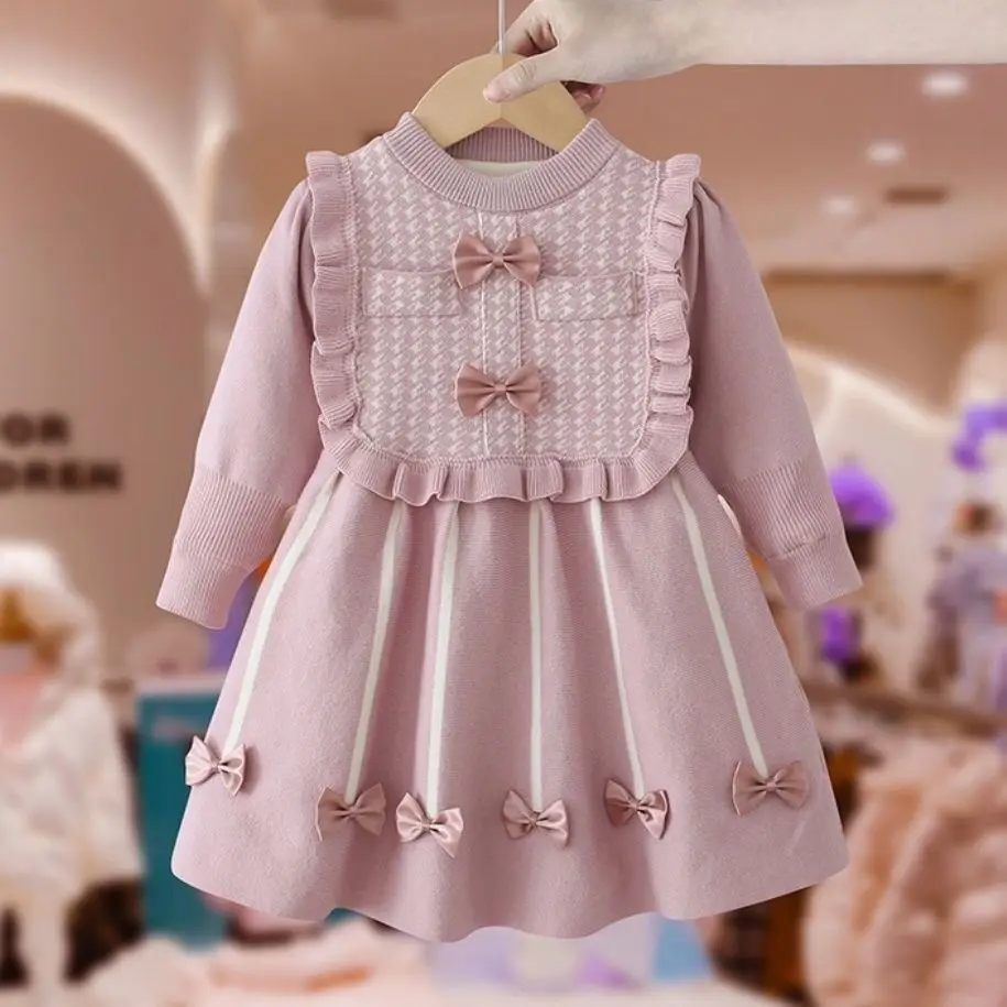 Girls\' Dress Winter New Style Western Dress Children\'s Autumn and Winter Princess Dress Baby New Year Red Knitted Dress