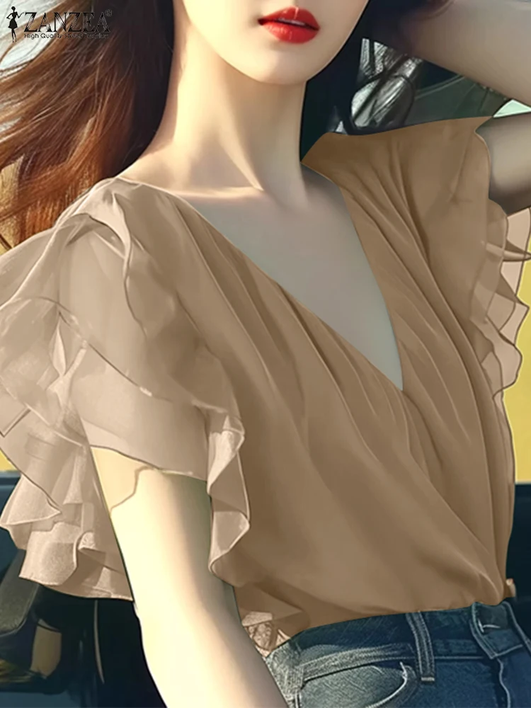 

2025 Stylish Ruffled Office Shirt ZANZEA Women Chiffon Blouses Summer Elegant V Neck Short Sleeve Solid Tunic Tops Blusas Femme