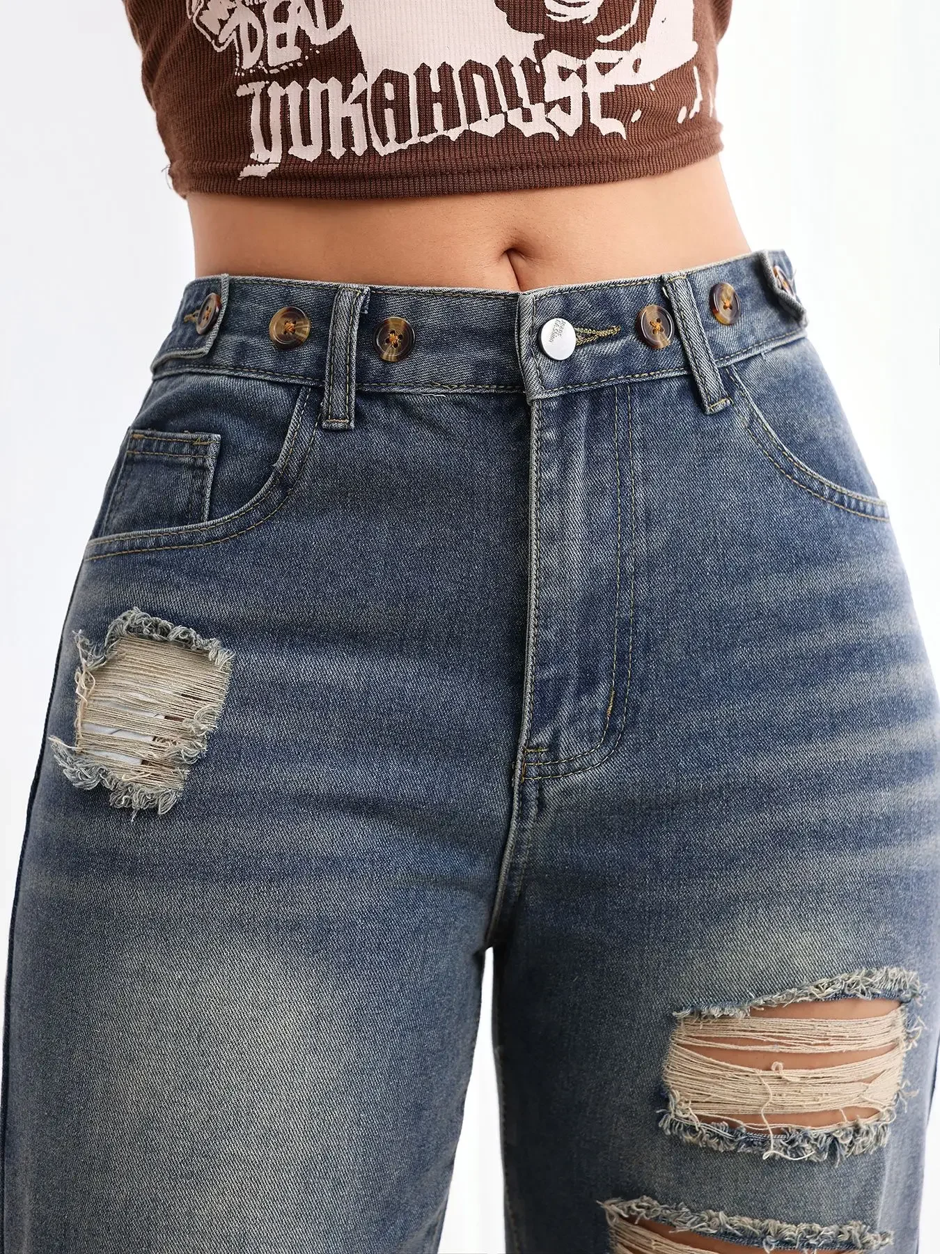 

Мешковатые джинсы Женские джинсы Расклешенные джинсы с высокой посадкой Рваные джинсы Винтаж Ретро Стиль Свободный крой Комфортная эластичная ткань